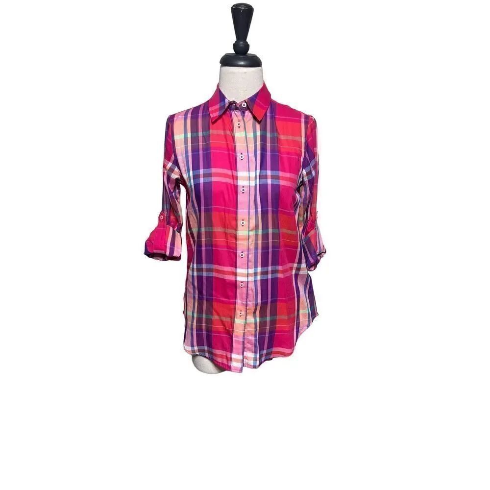 Lauren Ralph Lauren Plaid Roll Tab Sleeve Button Up Blouse Petite XS